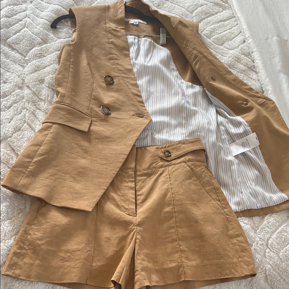 Veronica Beard Camel Double-Breasted Vest and Shorts Set - Picture 7 of 12